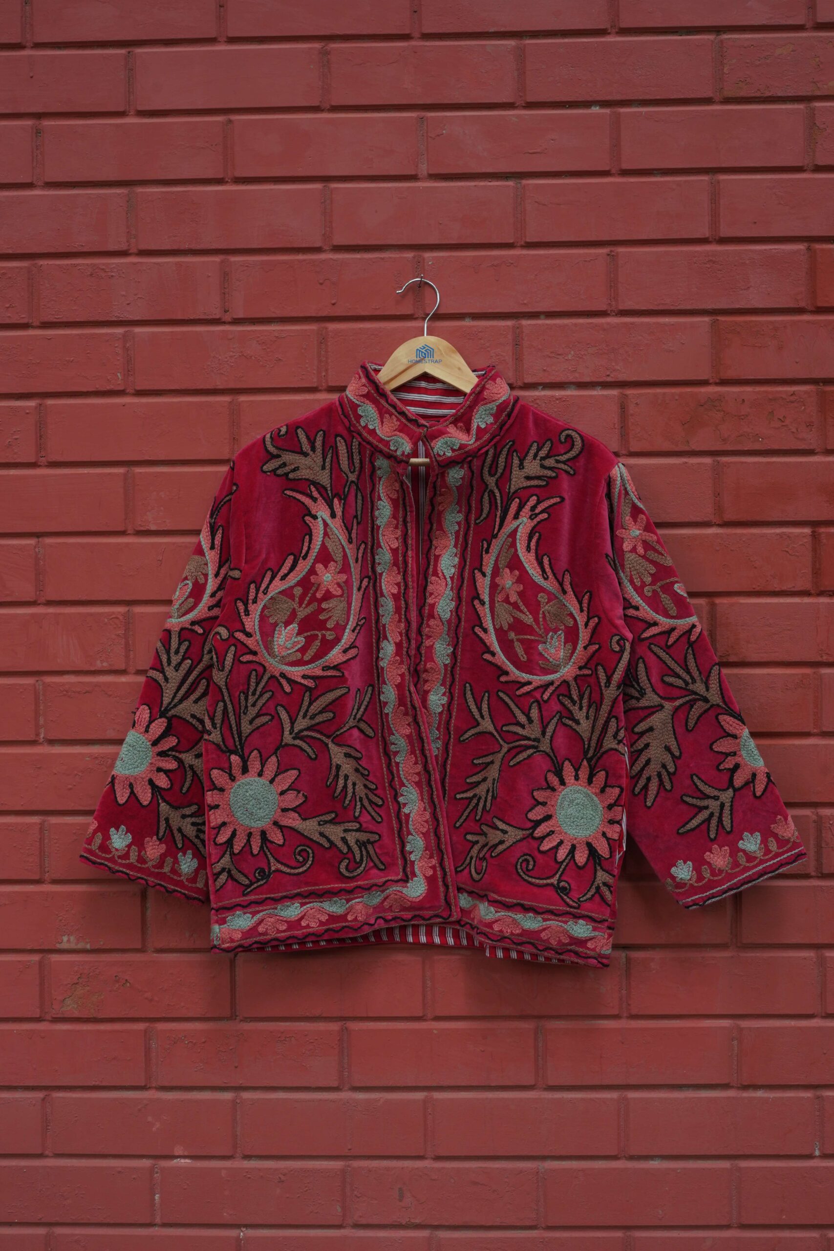 Womens Red Velvet Embroidered Jacket with Floral Design - Image 8