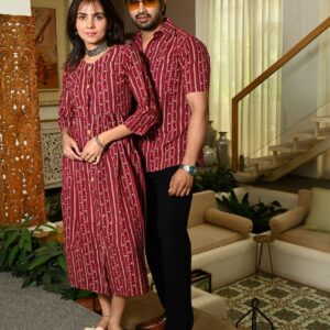 Couple Matching Maroon Cotton Anarkali Midi Dress and Shirt Set ? Vertical Stripe Ethnic Print